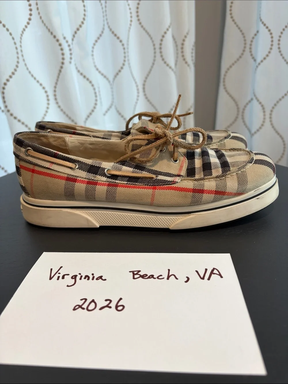 Burberry Beige/Navy/Tan Plaid Boat Shoes